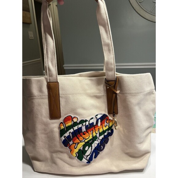 MICHAEL KORS Large Tote Pride Bag Canvas Foldable Natural Acorn Leather Trim NWT - Picture 1 of 16
